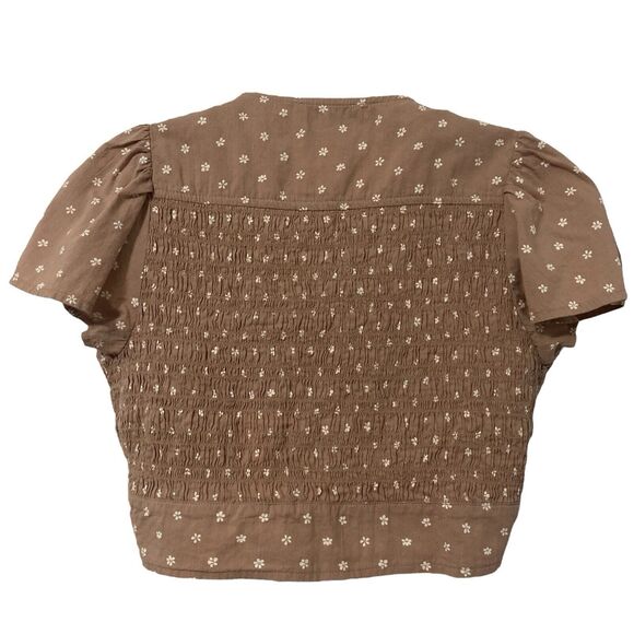 American Eagle Womens Large Crop Top Brown White Floral Boho Smocked Tie Front - Picture 2 of 8